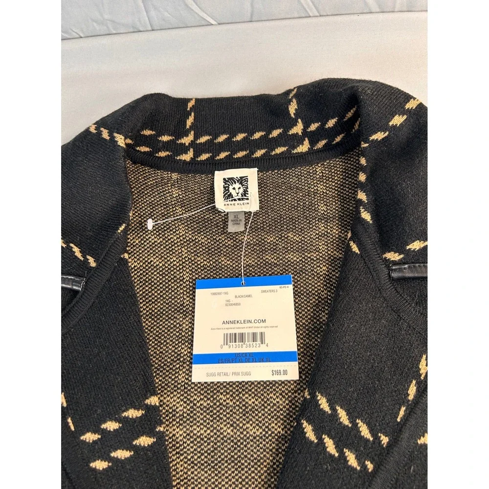 Anne Klein Women Black Camel‎ Windowpane Plaid Knit Blazer Cardigan XL 10882697